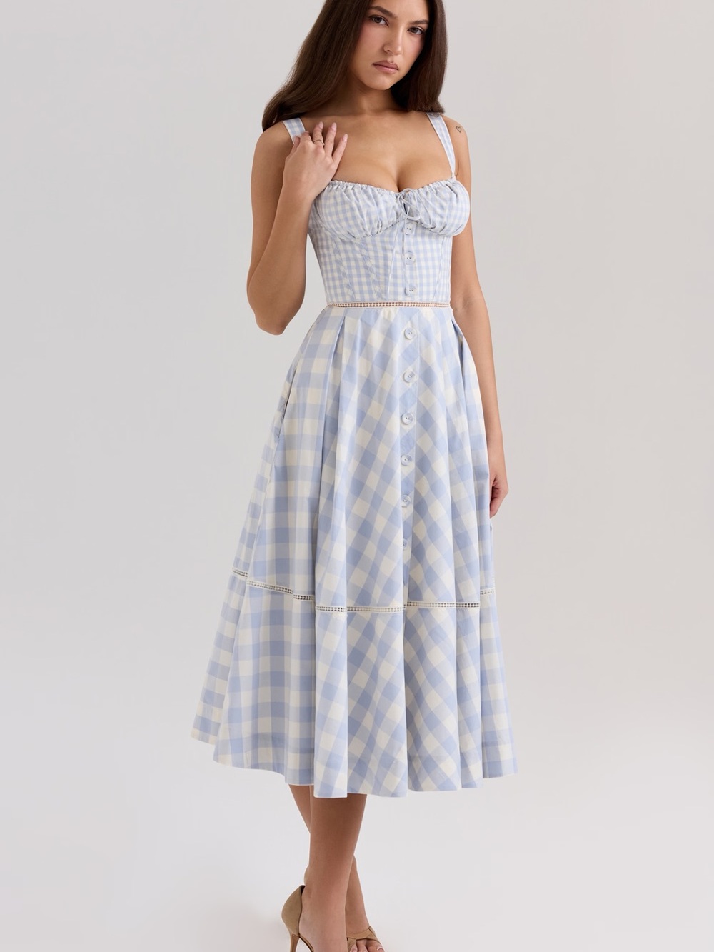 House of CB Light Blue and White Gingham Midi Dress - Picture 1 of 6